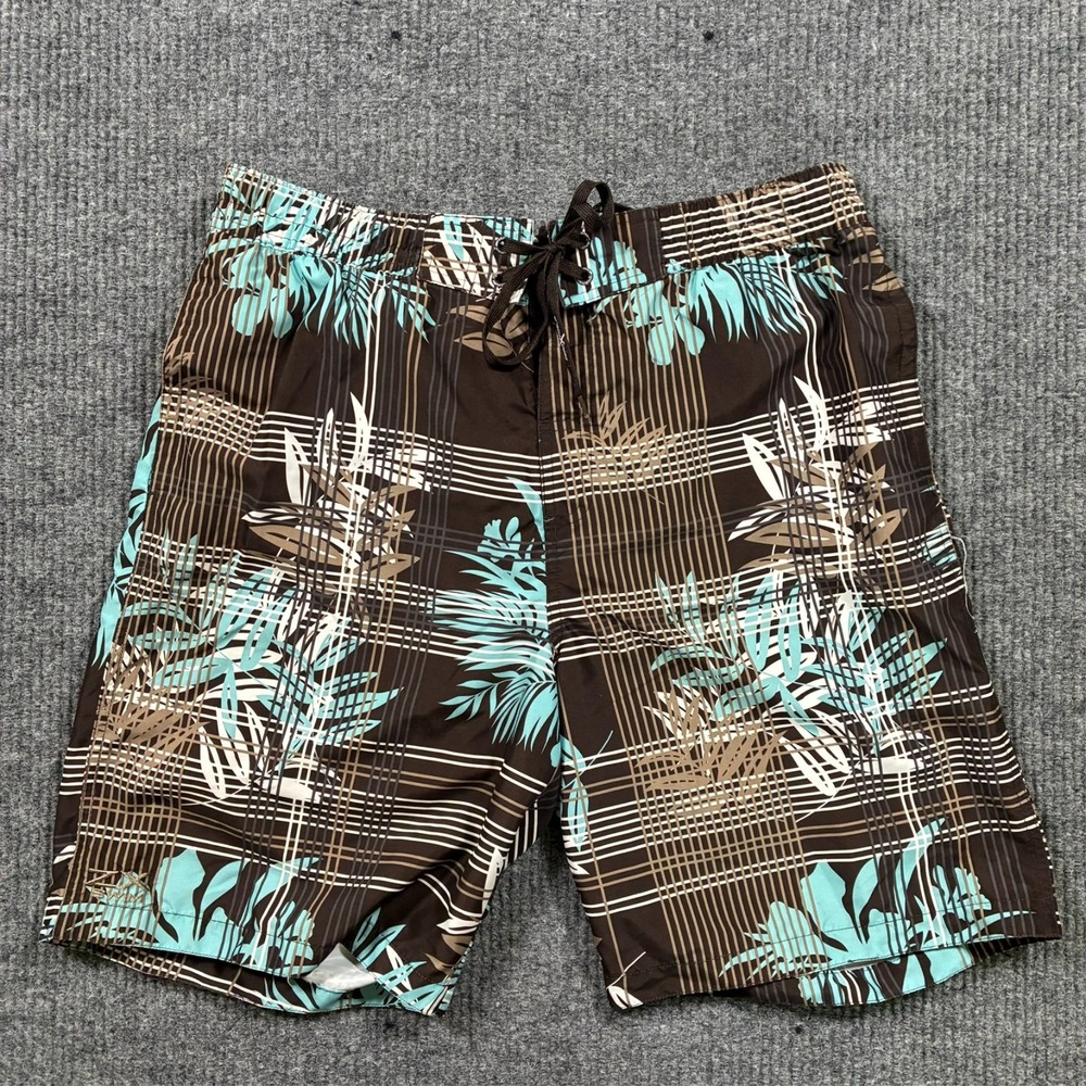 X ZXS Mens Board Shorts L Brown Teal Hawaiian Swim Mesh Lined Pull On Drawstring